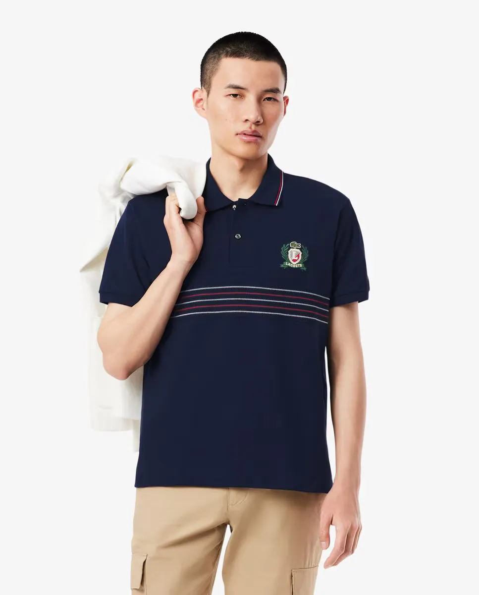 

Классическая мужская поло с коротким рукавом и вышитым гербом Lacoste, темно-синий