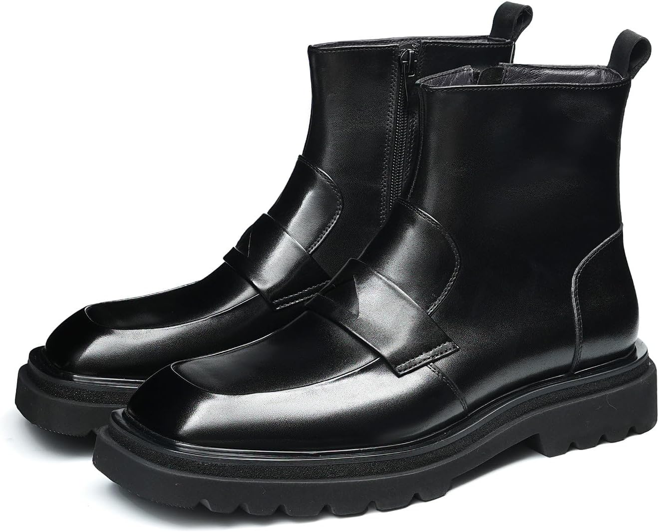 

Мужские ботинки Chelsea Santimon из натуральной кожи - модные вечерние повседневные ботинки с боковой молнией, квадратным носком и массивной резиновой подошвой для работы, вечеринок и свадебных мероприятий, черный