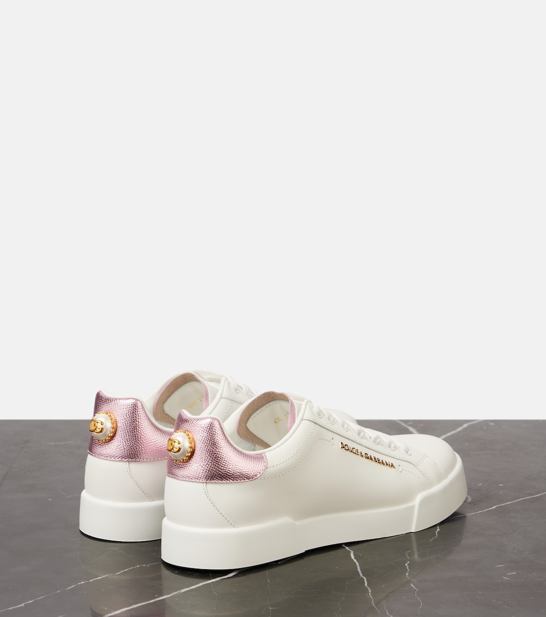 Портофино кожаные кроссовки с декоративными элементами Dolce&Gabbana, Bianco/Rosa — фото 2