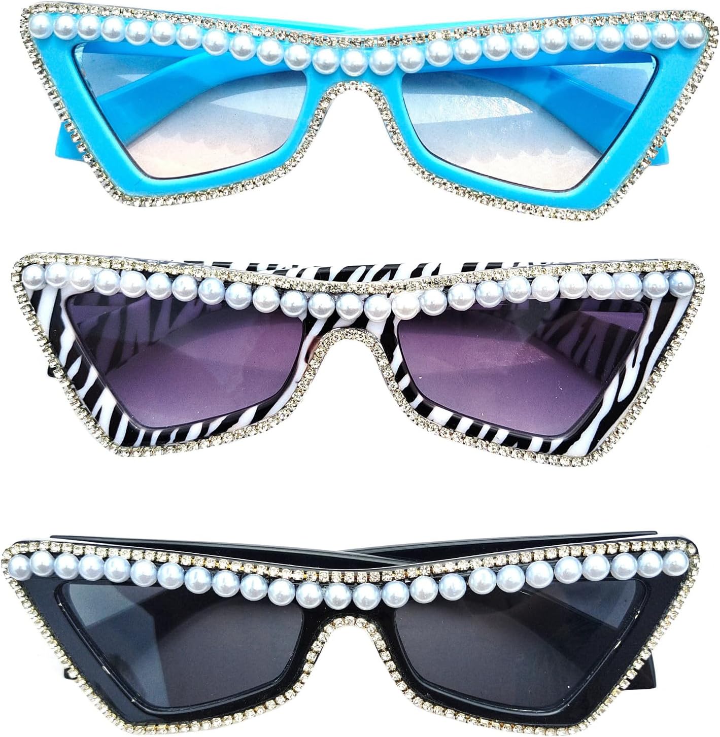 

COTIA Модные солнцезащитные очки «кошачий глаз» с жемчугом и бриллиантами для женщин, ретро-стиль, узкие очки «кошачий глаз» со стразами, треугольные солнцезащитные очки в винтажном стиле, 3pcs Blue+zebra+black