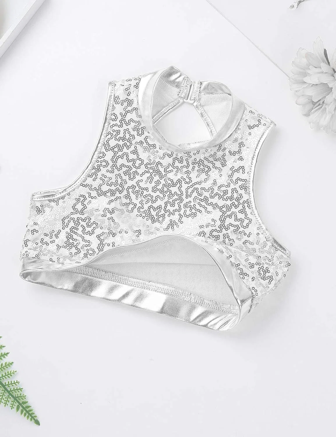 Детский спортивный комплект из топа и шорт YiZYiF, Zo Sequin Silver — фото 3