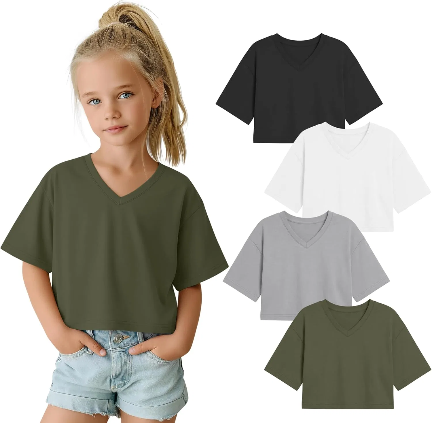 Детские топы-кропы с V-образным вырезом LessonZoo, 4 штуки, Black, White, Light Gray, Army Green