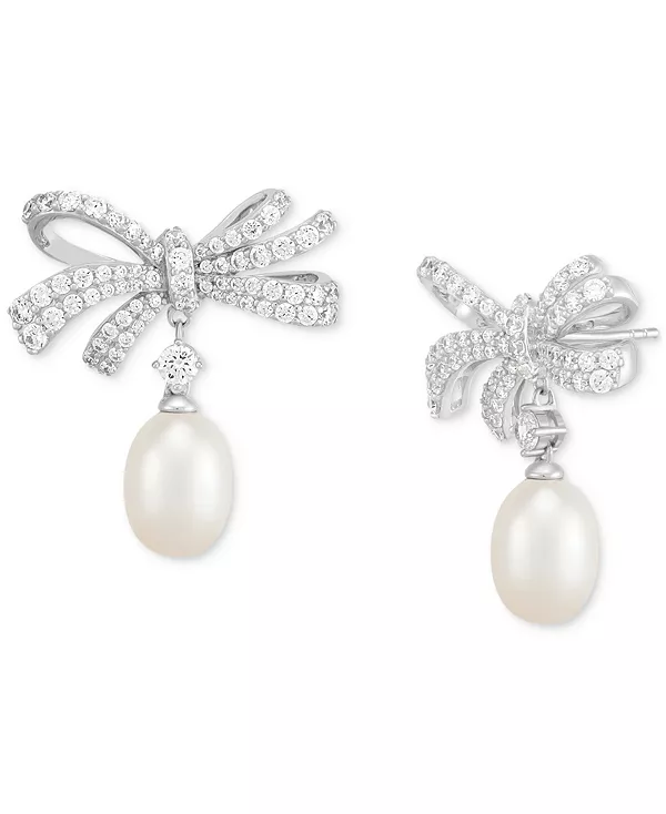 

Серьги-Бантики с культивированным пресноводным жемчугом овальной формы (11 x 9 мм) и кубическим цирконием из стерлингового серебра Arabella, silver