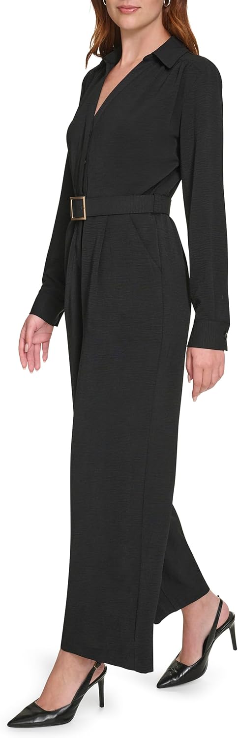 Женский повседневный комбинезон Calvin Klein с длинным рукавом и поясом, Black — фото 3
