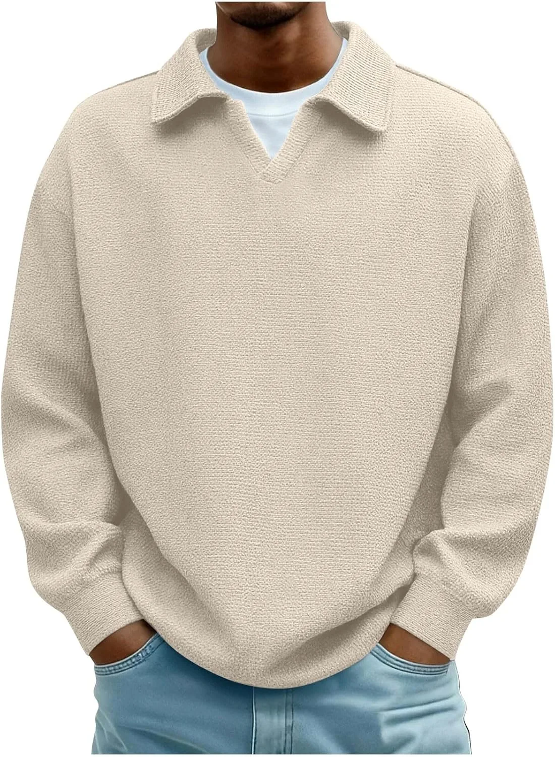 

Мужской вязаный поло с длинным рукавом и V-образным вырезом Lmdudan