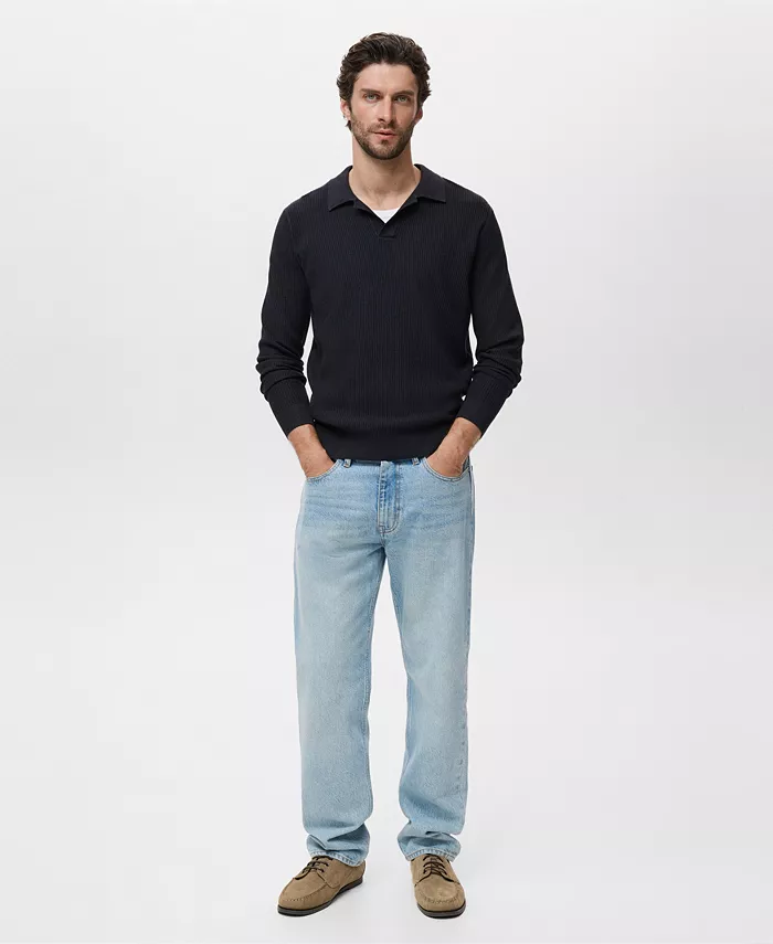 

Мужской поло-свитер из хлопковой смеси с ребристым узором Mango, синий