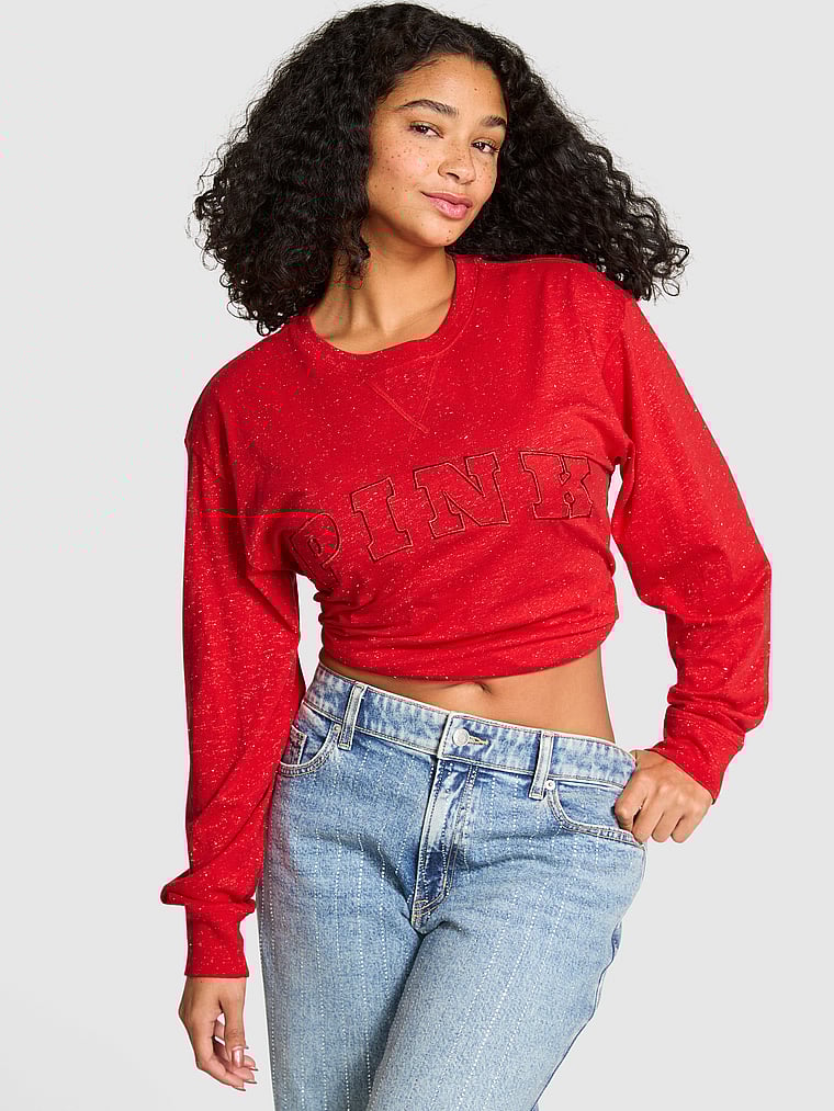 

Футболка с длинным рукавом из хлопка Campus Pink, heathered bright vermillion woven shine