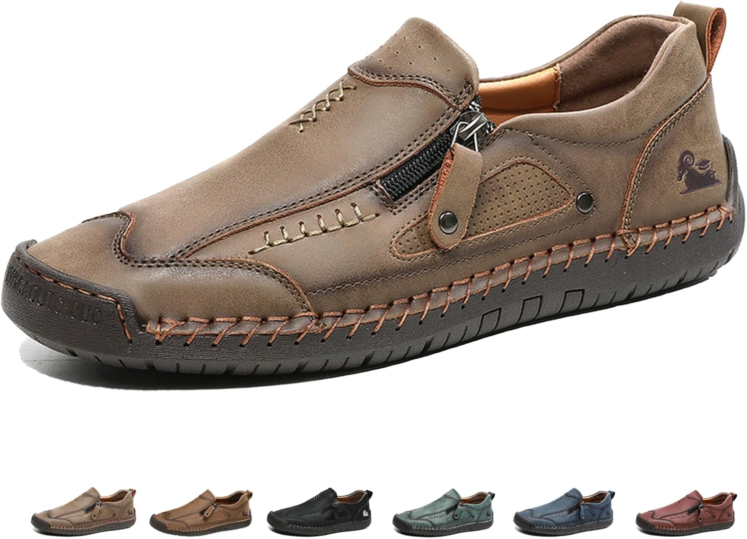 

Мужские кожаные ручной работы лоферы с плоской подошвой, ретро, с боковой молнией, удобные, дышащие, с круглым носком, нескользящие, для ходьбы, повседневные, и делового стиля Mdioep, хаки