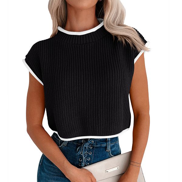 

Женский укороченный топ без рукавов с высоким воротником и рубчиком Clearflower, Black