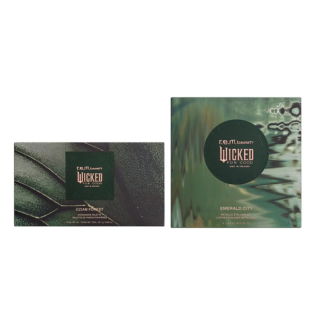 r.e.m. beauty Wicked: For Good | набор теней Ozian Forest и подводки Emerald City | палитра 12 оттенков + 4 металлических лайнера | шиммер, матовые и глиттерные текстуры | стойкие, легко растушевываемые формулы Rem Beauty, green — фото 2