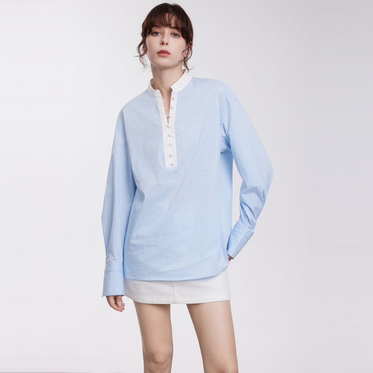 

ELLE Рубашка женская синяя Stand Collar Moderate