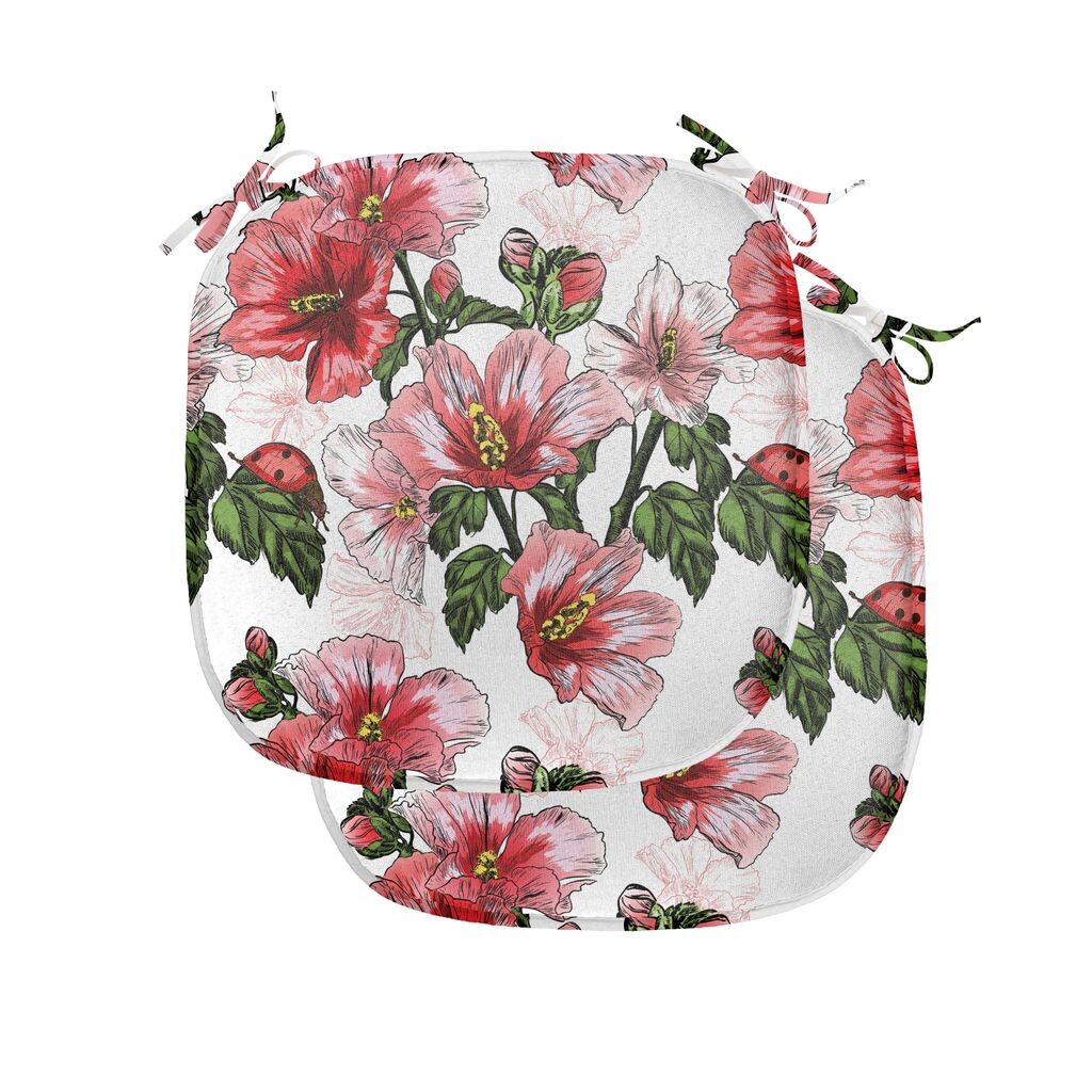 

ABAKUHAUS Божья коровка Подушка для обеденного стула Гибискус Экзотическая флора Декоративная водонепроницаемая подушка с ремнями для кухонных сидений 40 см x 40 см Упаковка из 2 шт. Красный Коралловый Зеленый