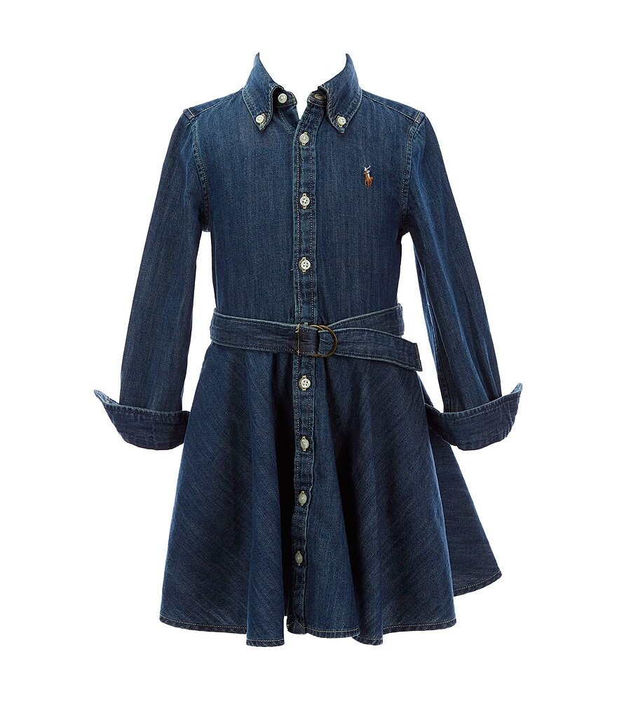 

Джинсовое платье-рубашка с поясом для маленьких девочек Polo Ralph Lauren 2T-6X, синий