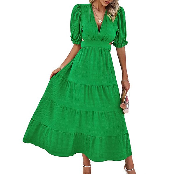 

Женское летнее макси-платье с ярусами, рукавами-фонариками и вырезом на талии Clearflower, Green
