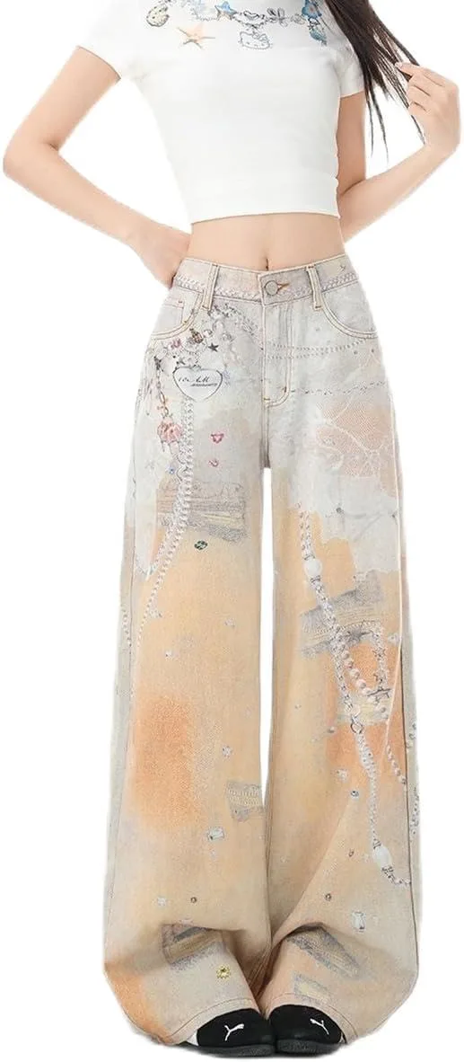 

Джинсы Harajuku American Retro с кружевной цепью и принтом Spicy Girl, прямые широкие NCDUANSAN