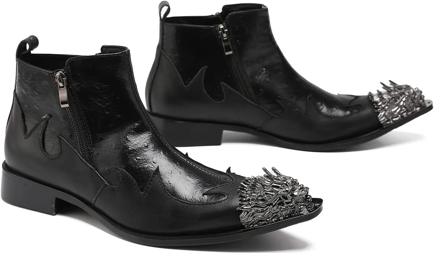 

Мужские ботинки Santimon Chelsea - настоящая кожа, ковбойские ботинки с металлическим крылом дракона на носке и двойной молнией - для торжеств, дискотек и баров, черный