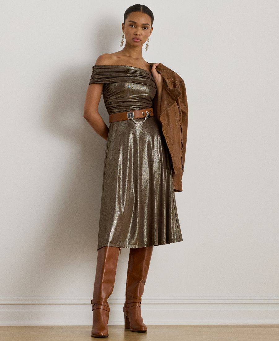 

Женское коктейльное платье с металлизированной отделкой и открытыми плечами Lauren Ralph Lauren, Dark Taupe Brown/Light Gold