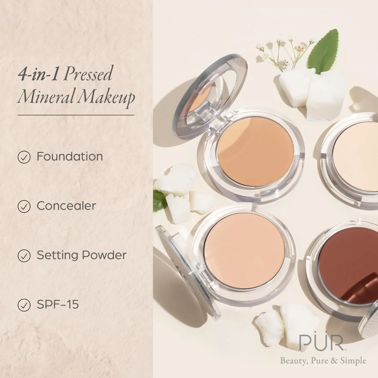 PÜR MINERALS 4-в-1 Прессованная минеральная пудра-основа для макияжа с SPF 15 - Консилер и финишная пудра для лица - Наслаиваемая, от среднего до плотного покрытия., Linen/MN3 - medium skin with neutral undertones — фото 2