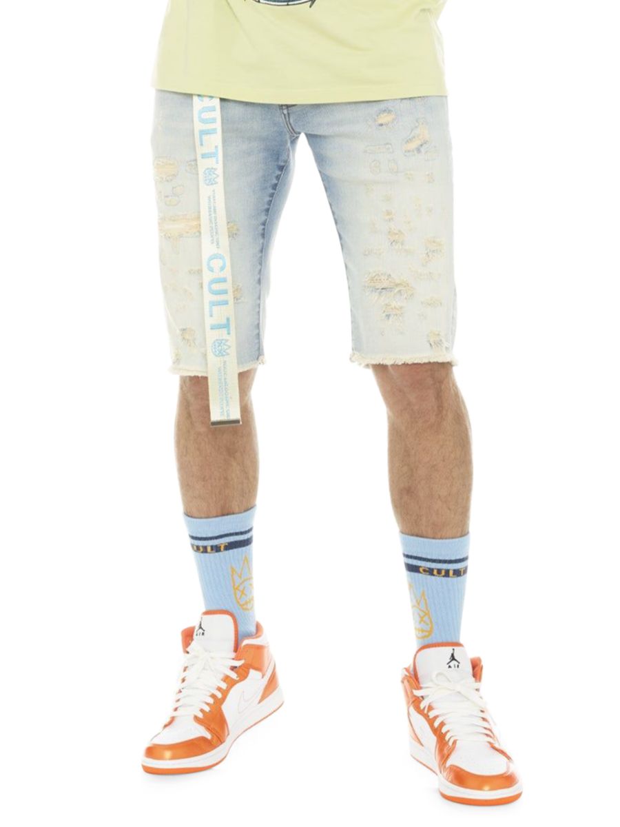 

Джинсовые шорты Slim Fit с потертостями и поясом Cult Of Individuality, цвет Scars Blue