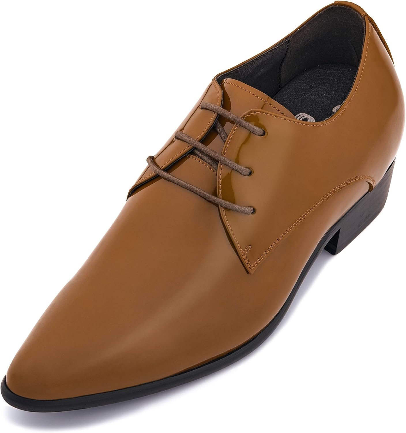 

Мужские невидимые туфли-лифтеры CALTO - шоколадно-коричневая лакированная кожа, шнуровка, формальные оксфорды - увеличивают рост на 7 см - K2727 - размер 12 D(M) US