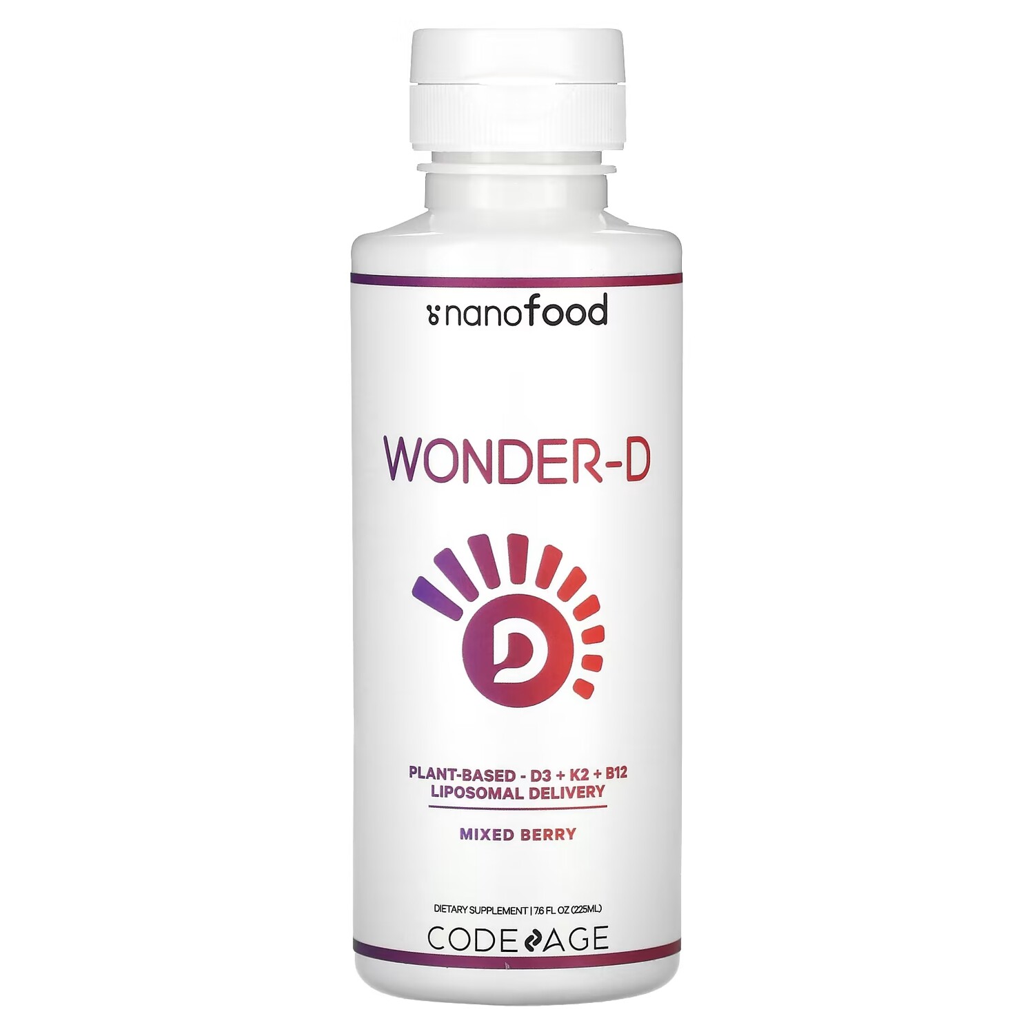 

Codeage Nanofood Wonder-D на растительной основе на основе витаминов D3 K2 и B12 липосомальная технология доставки ягодного ассорти 225 мл (7,6 жидк. унции)
