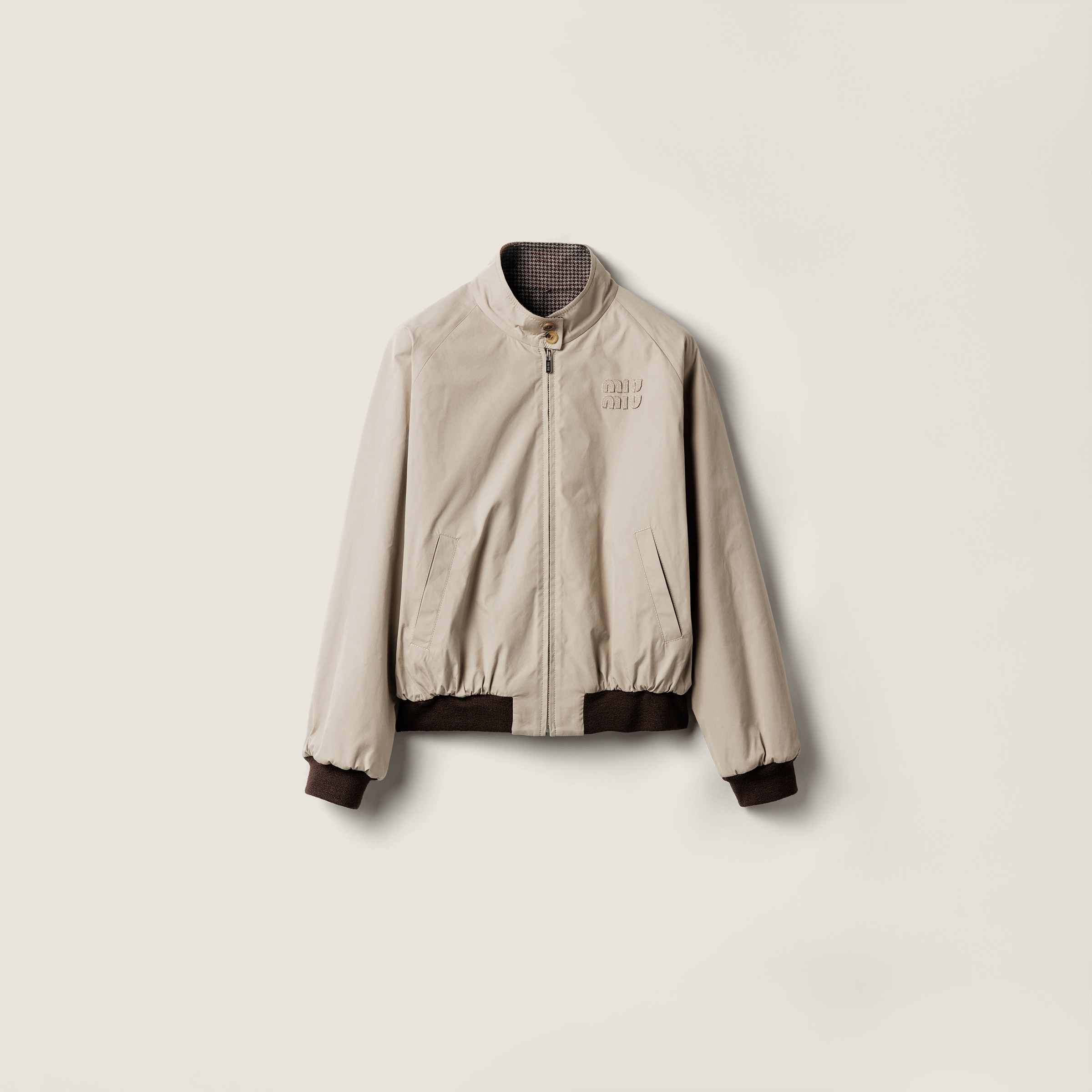 

Двусторонняя куртка-бомбер из хлопка panama и ткани с узором "гусиная лапка" MIU MIU, глиняный/какао-коричневый/серый