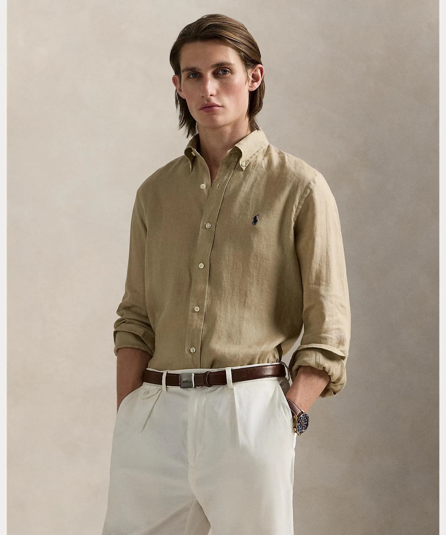 Мужская рубашка из льна классического кроя с вышивкой лошади Polo Ralph Lauren коричневая