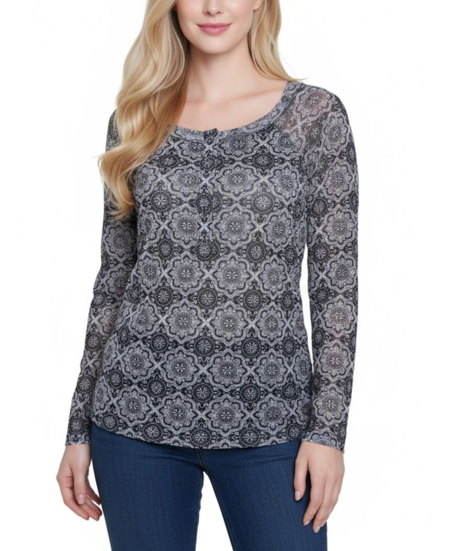 

Женская сетчатая блузка с длинными рукавами реглан NY Collection, Black White Medalion