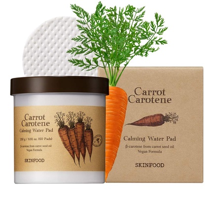 

SKIN FOOD Успокаивающие водные подушечки с каротином и морковью 250 г (8,81 унции) 60 листов - Подушечки для лица для чувствительной кожи, веганские, не тестируются на животных Водный кушон Skin Food Since 1957