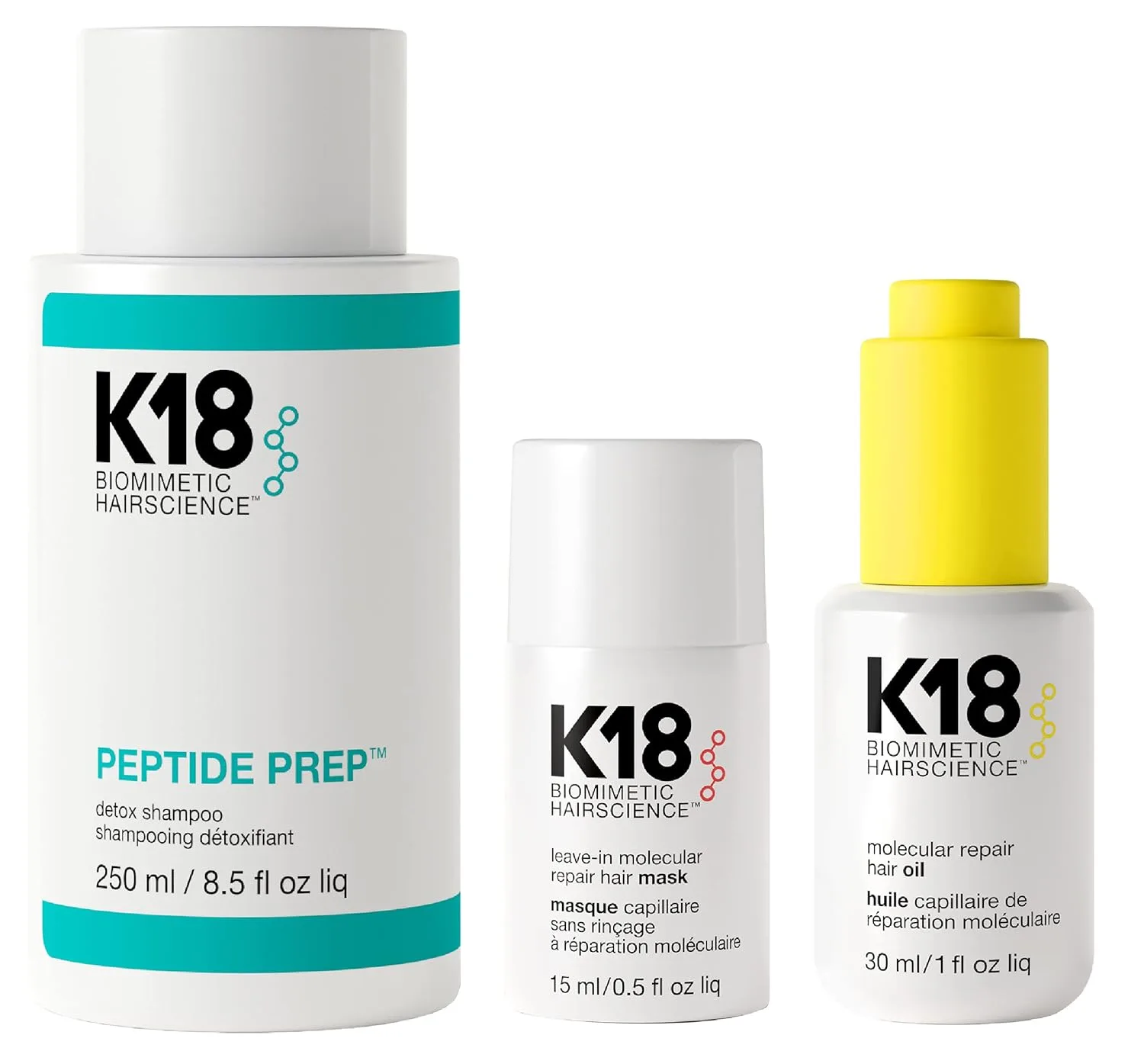 Набор K18 Detox & Repair: восстанавливающая несмываемая маска для волос, 4-минутное экспресс-средство (15 мл), шампунь для детокса и очищения Color Safe (250 мл), укрепляющее масло для волос (30 мл)