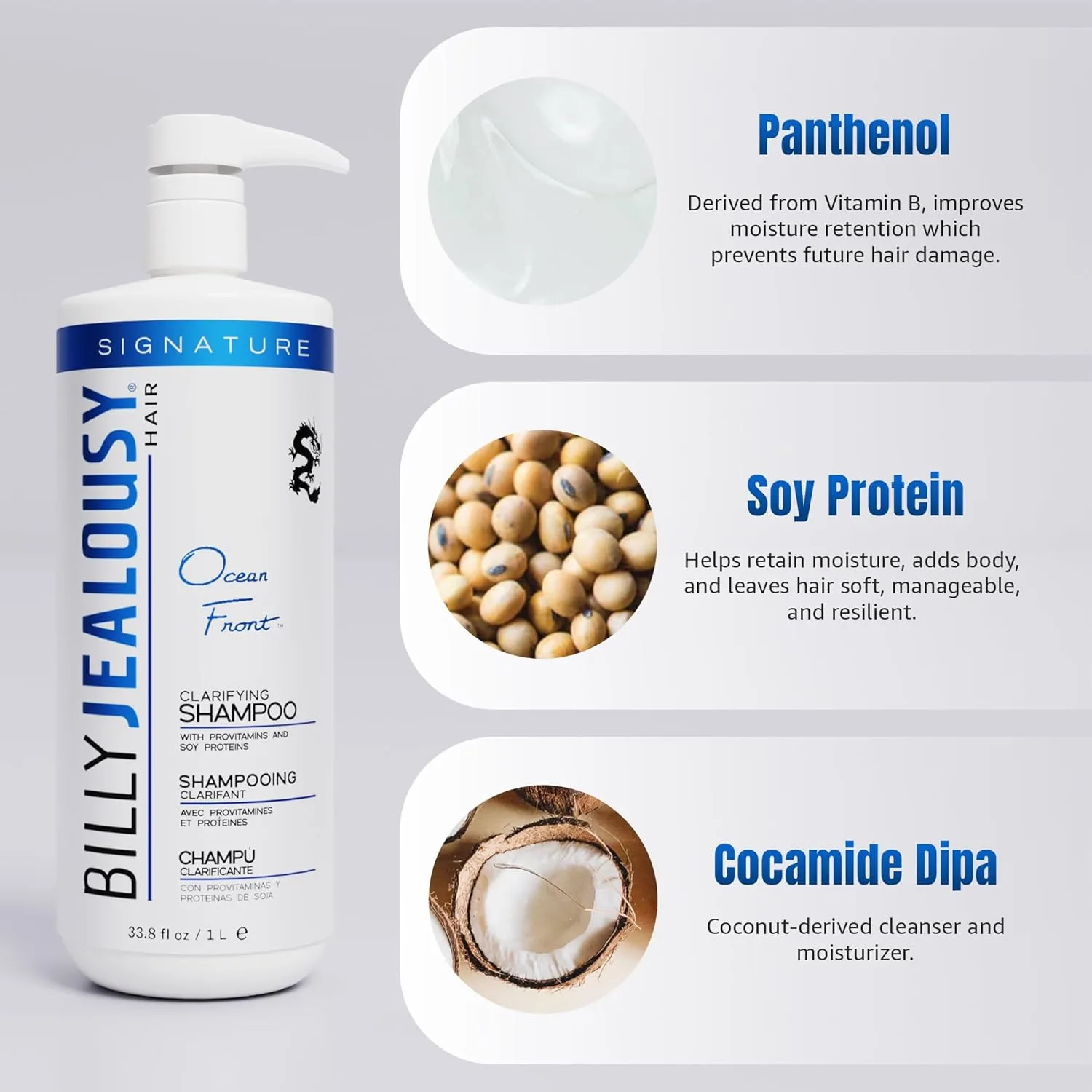 Billy Jealousy Ocean Front Clarifying Shampoo для удаления налета, излишков жира, грязи, средств и жесткой воды, освежающий шампунь для жирных волос у мужчин, детокс для кожи головы, очищает волосяные фолликулы, без парабенов, 1 л 1 литр — фото 2