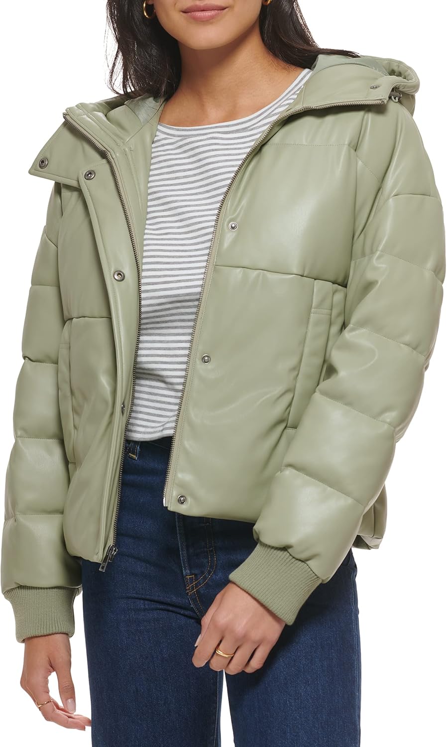 

Levi's Женская утепленная куртка с затяжкой на талии, Sea Green Faux Leather With Hood