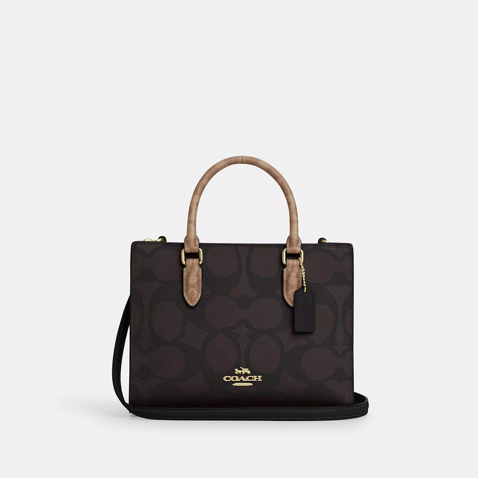 

Сумка-тоут Maggie от Coach Outlet Small из холщовой ткани Blocked Signature, цвет gold/walnut/tan, Коричневый, Сумка-тоут Maggie от Coach Outlet Small из холщовой ткани Blocked Signature, цвет gold/walnut/tan