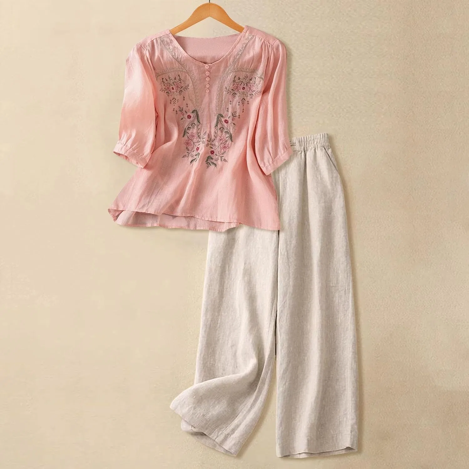 Комплект из льняной блузы с вышивкой и капри брюк, Generic, Pink-d — фото 2