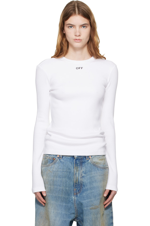 

Off-White Белая футболка с длинными рукавами и ребристым верхом, с надписью «off»