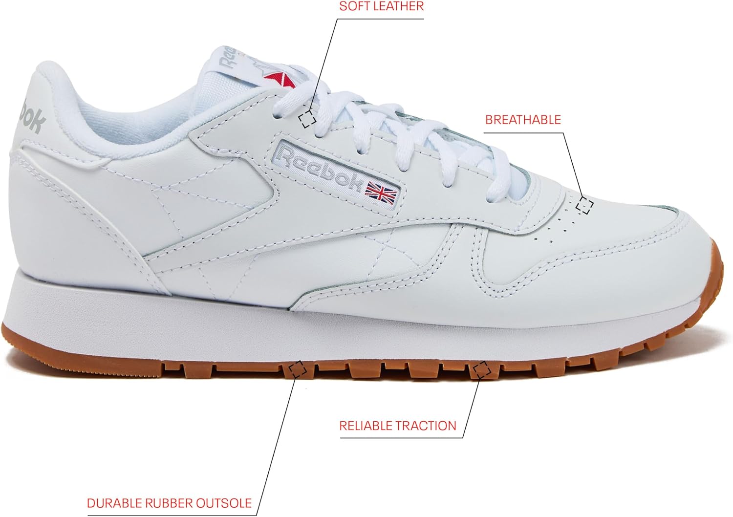 Кроссовки Reebok Classic Leather для детей и подростков, унисекс, для девочек и мальчиков, малышей, детей младшего или старшего возраста, белый — фото 2