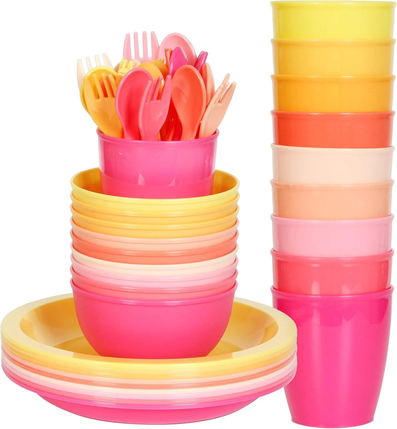 Youngever 54-Piece пластиковый детский набор посуды, обеденный набор в 9 цветах (Pink)