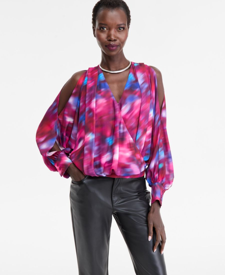 

Женская блузка с принтом, разрезами на рукавах и запахом INC International Concepts, Glmr Abstr Red