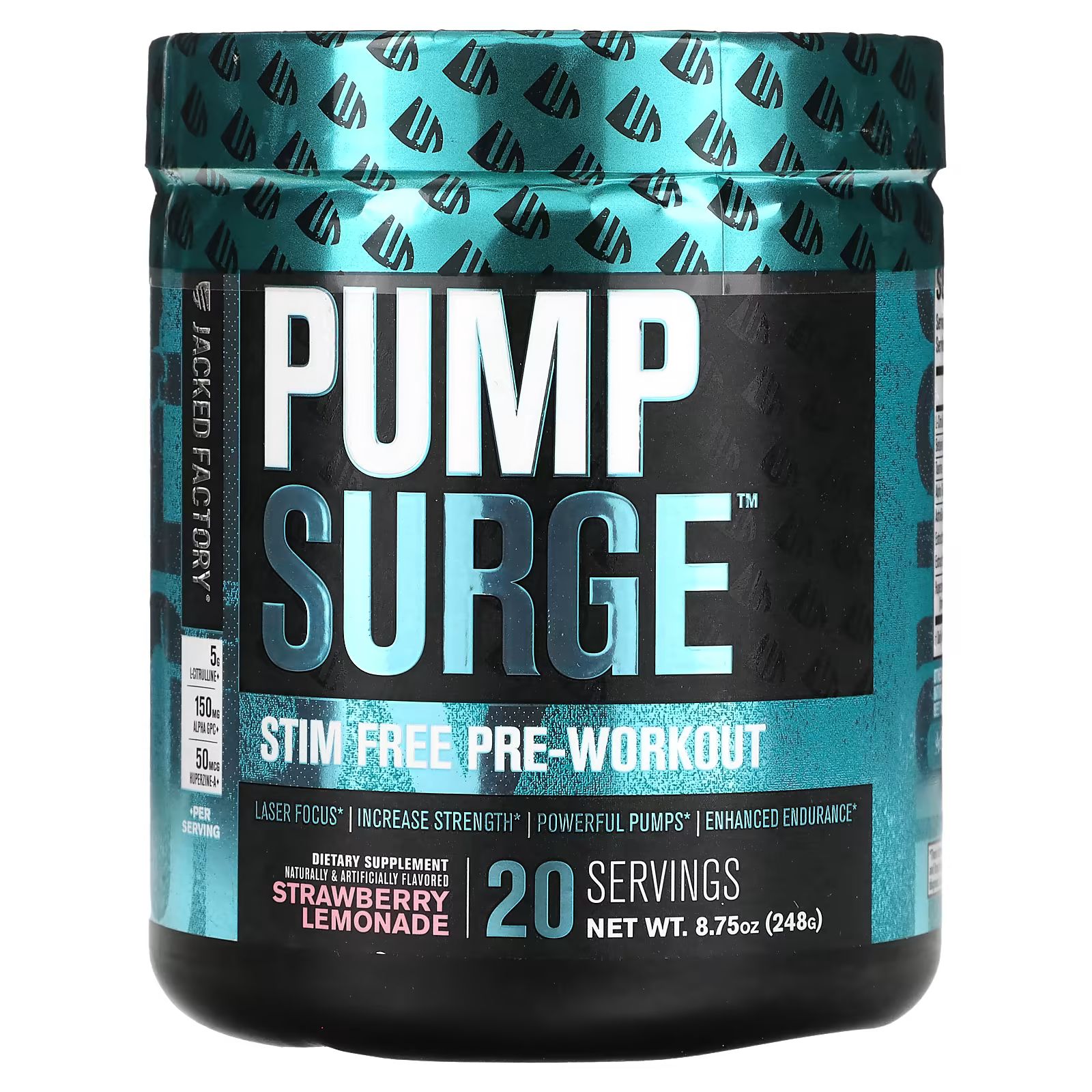 

Pump Surge, Предтренировочный комплекс без стимуляторов, клубничный лимонад, 8,75 унции (248 г) Jacked Factory