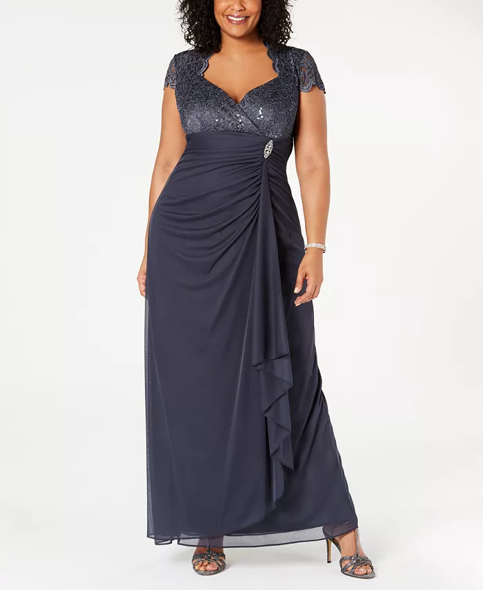 

Платье с кружевом и пайетками Plus Size с драпировкой B&A By Betsy and Adam, серый