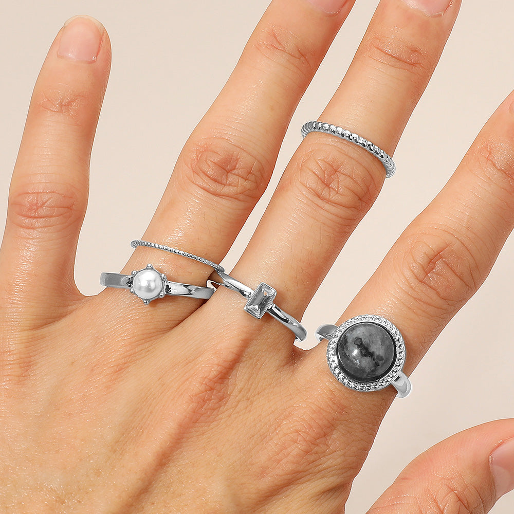 

5 шт. - Элегантный набор колец с драгоценными камнями и жемчугом Fashnzfab, серый/родий