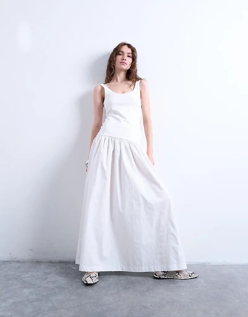 

Платье макси Topshop из поплиновой смеси с круглым вырезом белого цвета