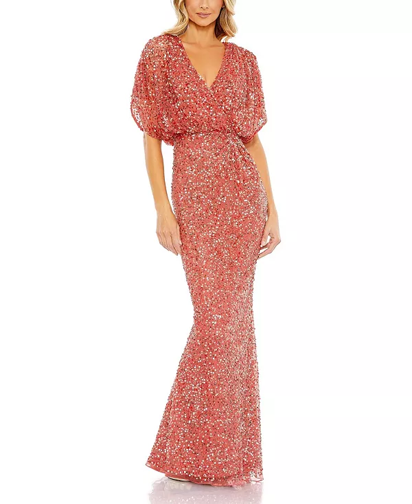 

Платье с драпированными рукавами, присборенной талией и V-образным вырезом. Mac Duggal, оранжевый