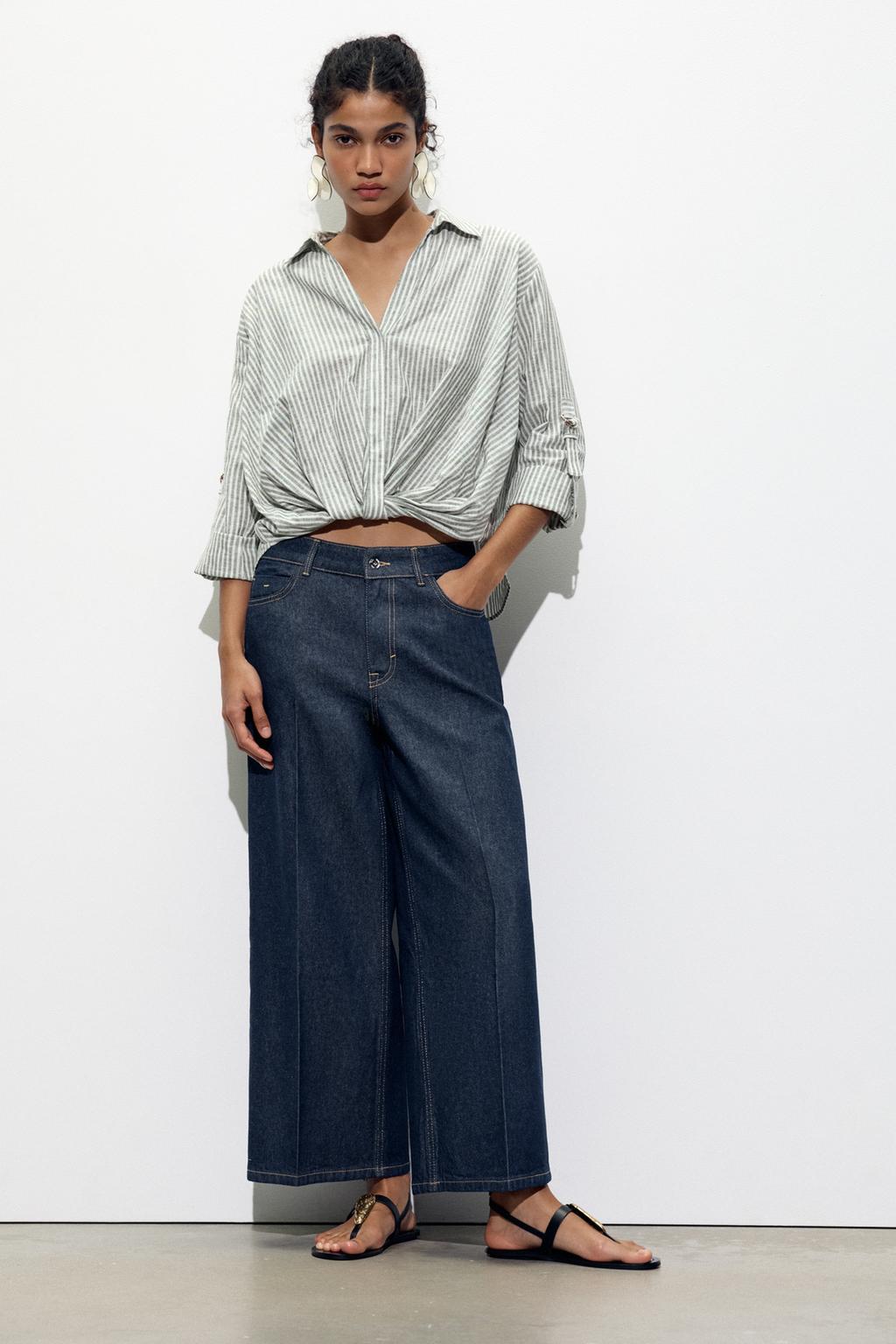 

Рубашка из льняного полотна с узлом ZARA, цвет Green/Ecru