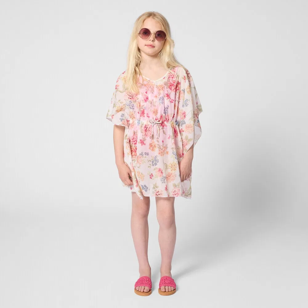 Хлопковая пляжная накидка с цветочным принтом и завязками Chloé Kids, мультиколор — фото 4