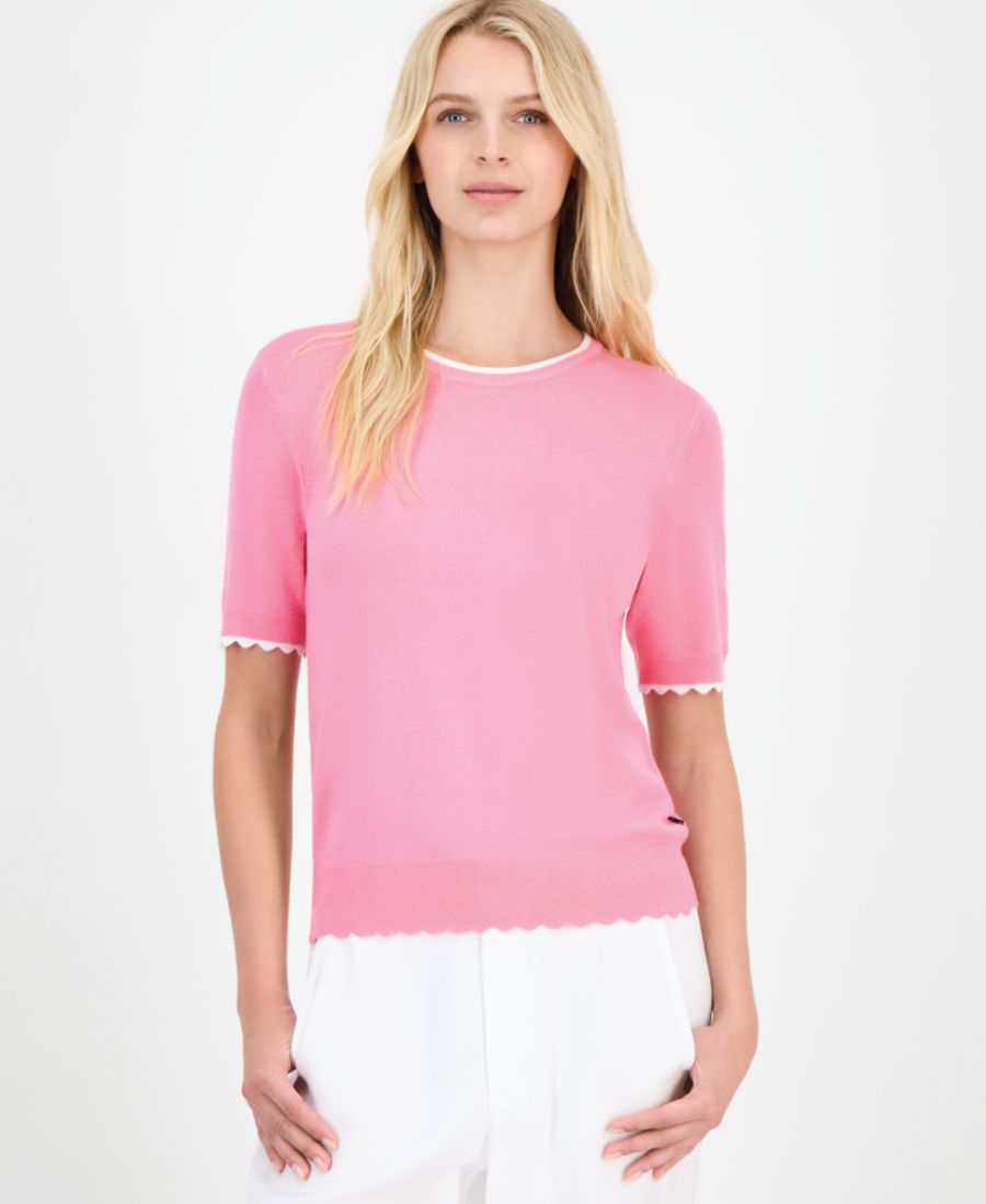 

Женский свитер с короткими рукавами и круглым вырезом, отделанный фестончатым краем Nautica Jeans, Peony/ Bright White