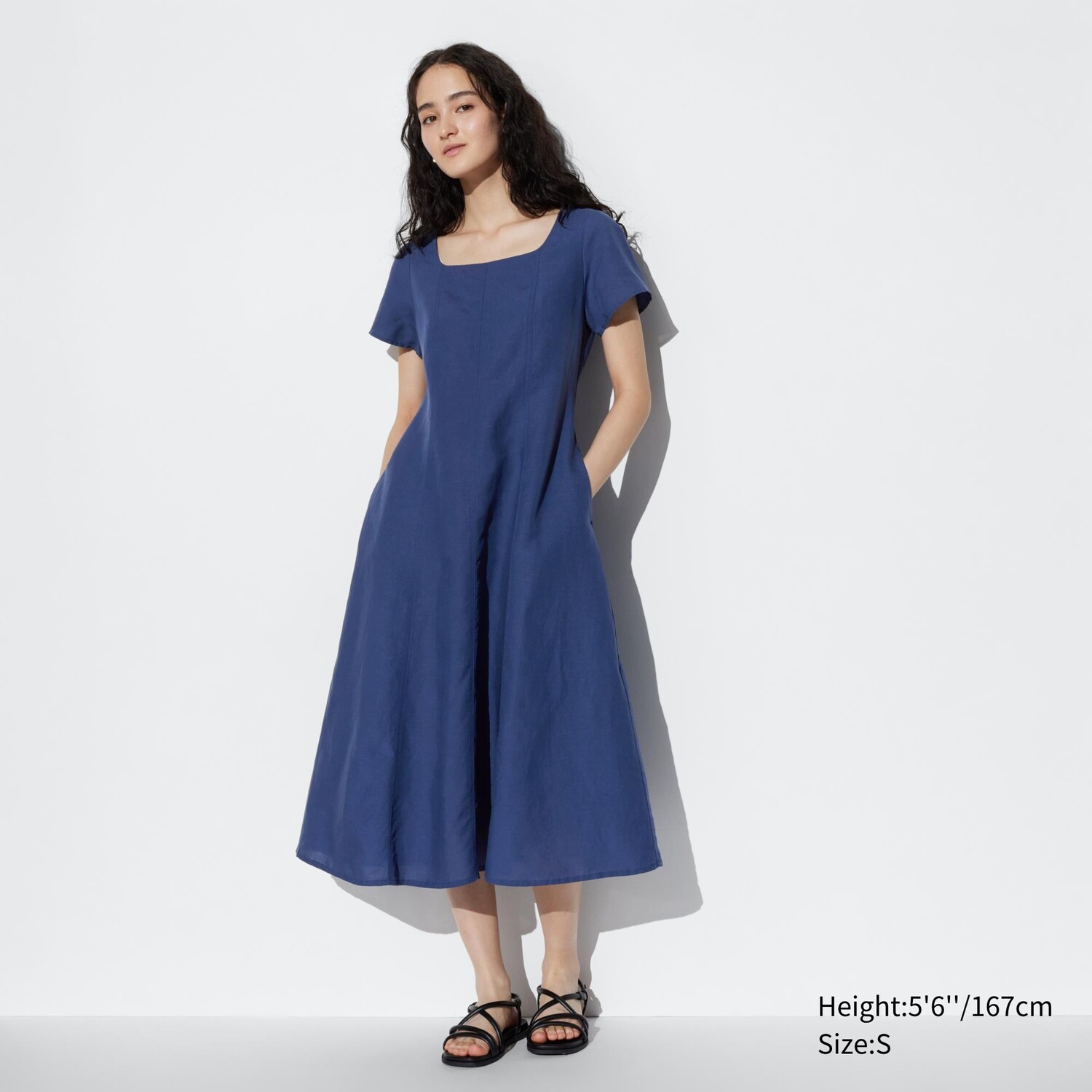 

Платье миди из льняной смеси с квадратным вырезом и короткими рукавами UNIQLO, синий
