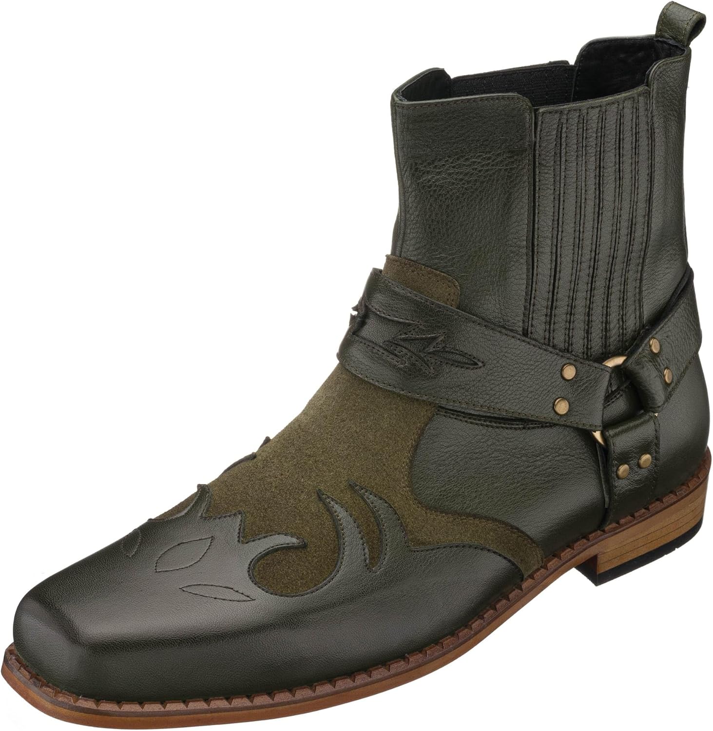 

Мужские кожаные ботинки DALGALA хаки с квадратным носком, ручной работы, с вышивкой в западном стиле и пряжкой, ковбойские ботильоны