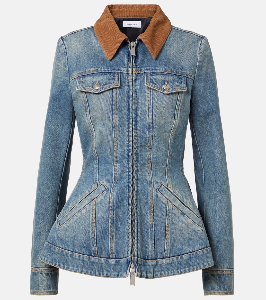 

Джинсовая куртка с вельветовой отделкой и баской McQueen, Indigo Stonewashed