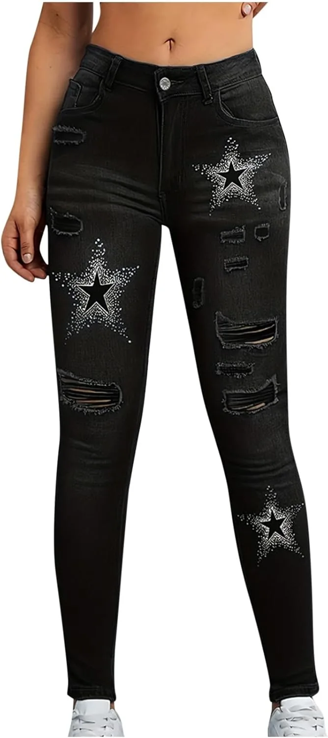 

FZYLQY женские джинсы скинни mid rise стрейч рваные с принтом звезды slim fit